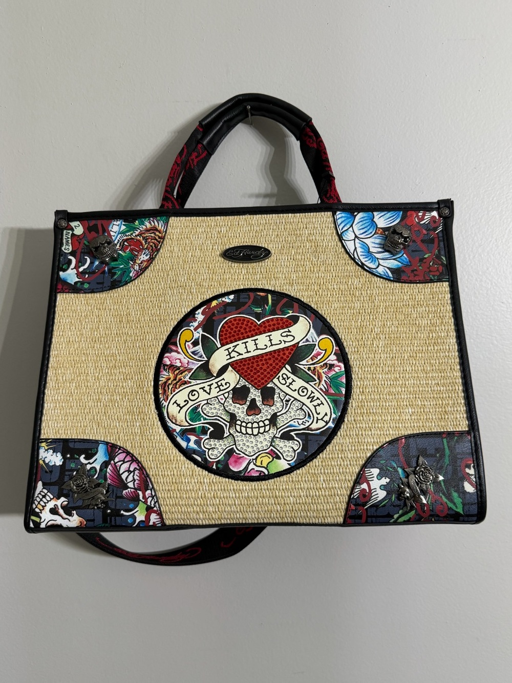 Ed Hardy Women's Convertible Tote Bag in Black Multi Straw Purse